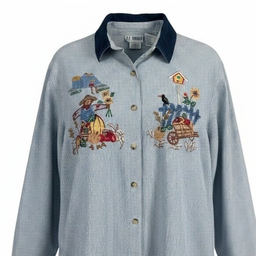 Thanksgiving Woman Button Up Shirt Womens 18W Blue Striped Fall Harvest Chambray